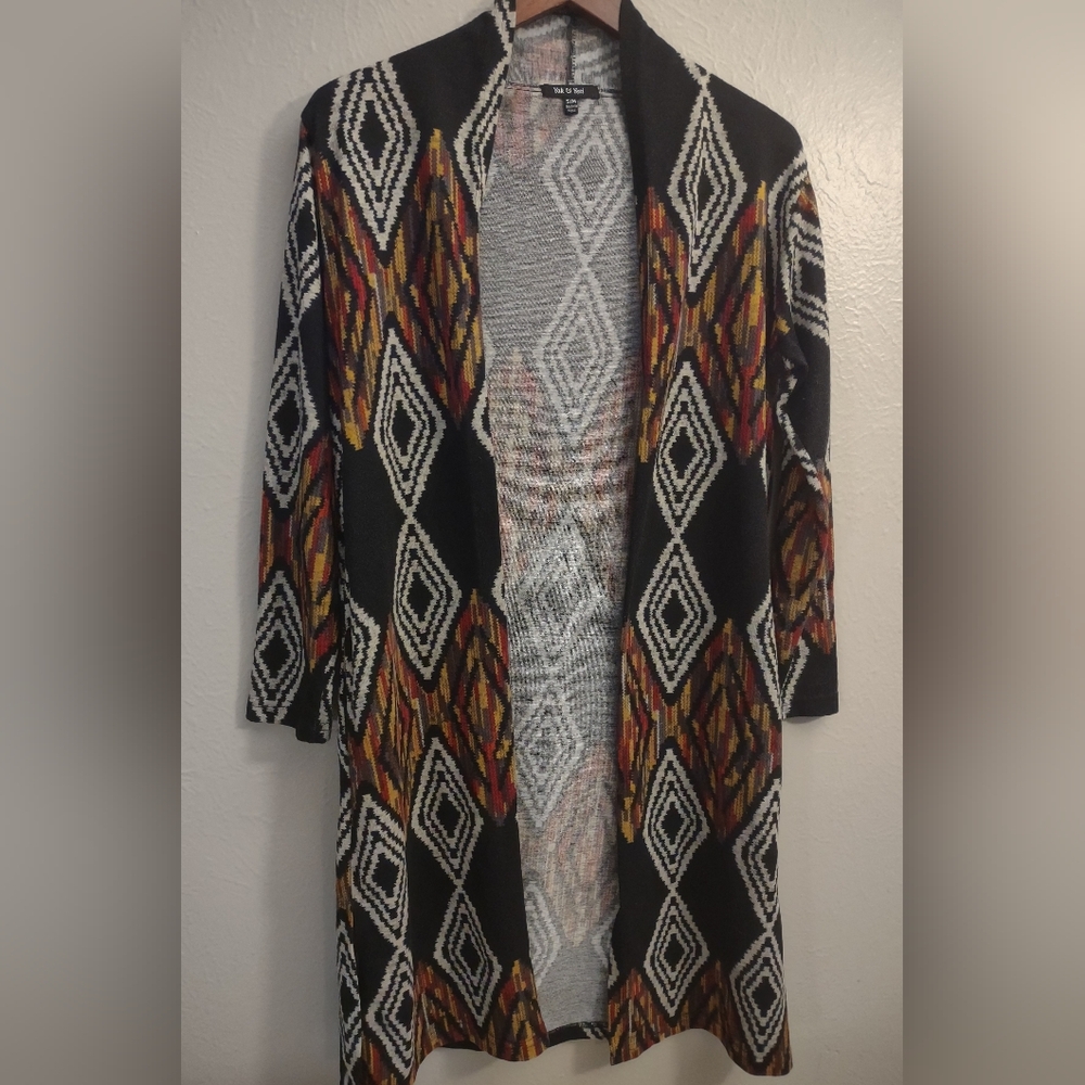 Yak & Yeti Open Cardigan Sweater Black Geometric Diamond S/M Nepal